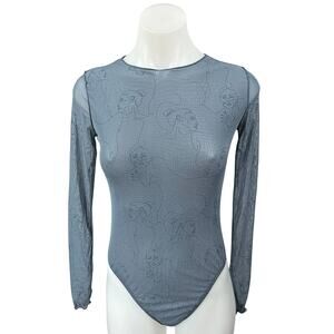 Maniere De Voir Women's Blue Face Sheer Mesh Long Sleeve Bodysuit Top Size 10